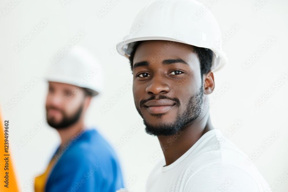 Poster man with a white hard hat is smiling at the camera