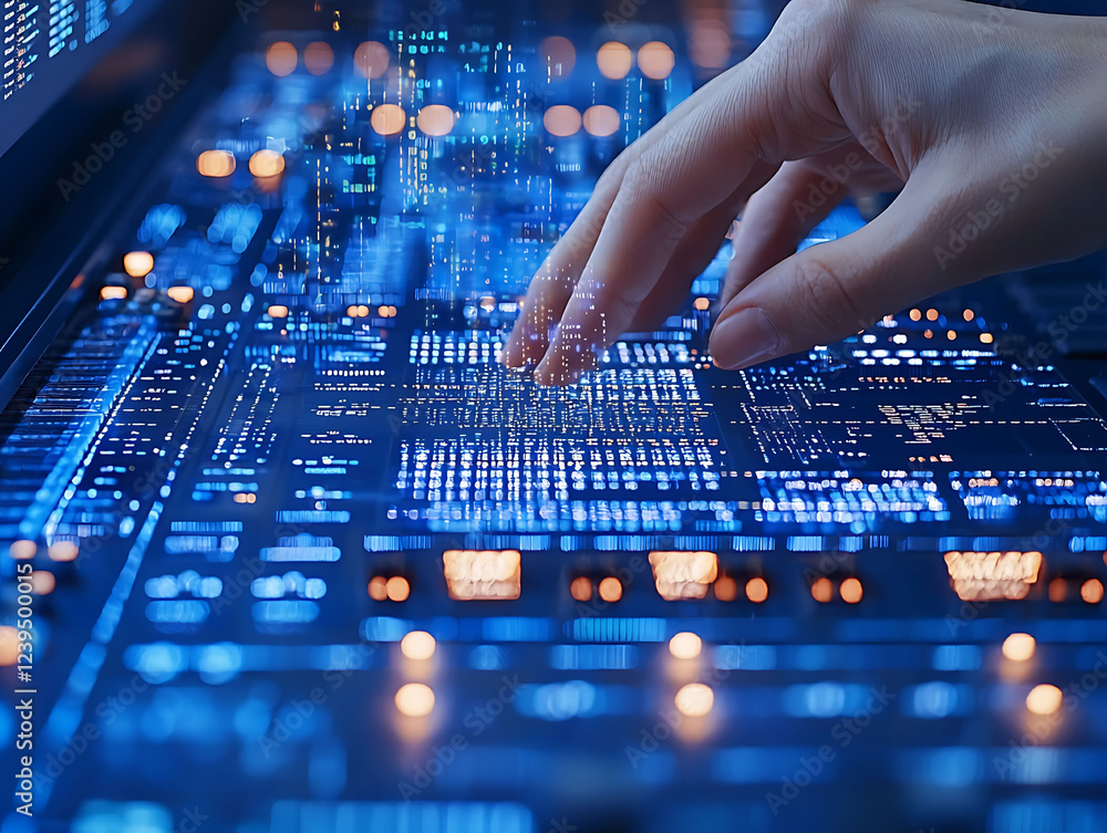 Poster stunning closeup of a hand interacting with a futuristic, glowing digital interface. blue hues and d