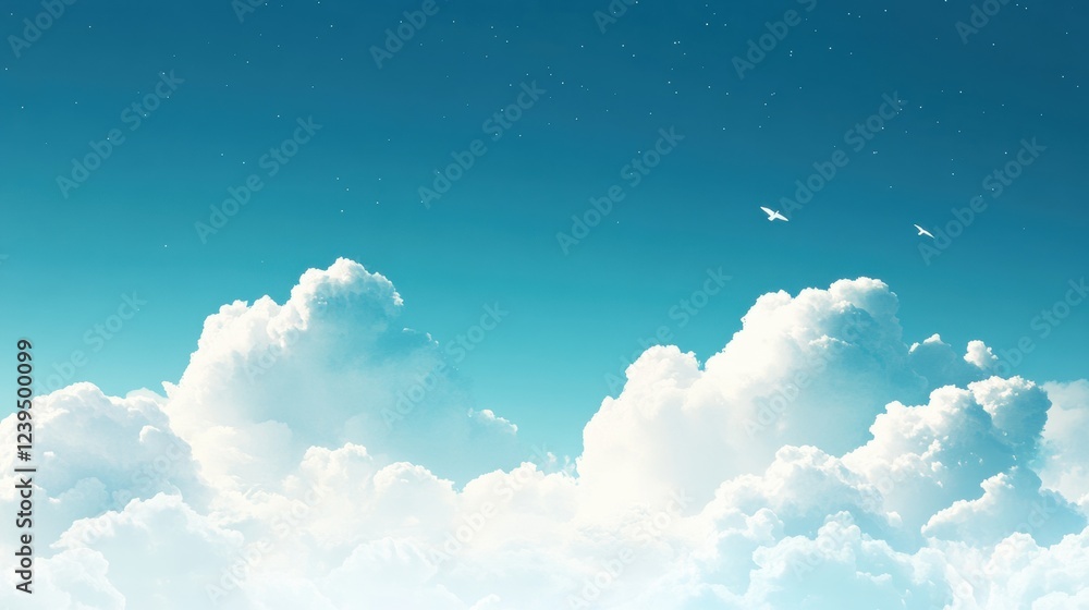 Aufkleber white fluffy clouds and bright blue sky with two birds soaring above. generative ai