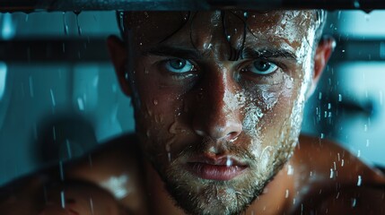 Weightlifter at the top of a lift, intense concentration and effort