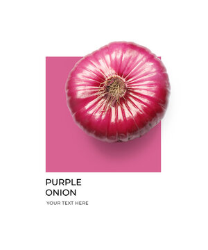 Creative layout made of purple onion on the green and white background. Flat lay. Food concept. Lemon on white background.