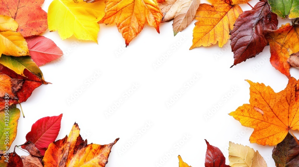 Poster Colorful autumn leaves arranged as a border with a blank space for creative designs and text. Generative AI
