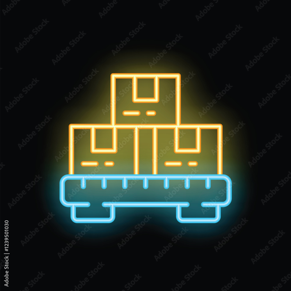 Poster neon sign representing three cardboard boxes waiting on a logistic platform for delivery