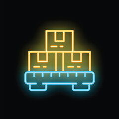 Neon sign representing three cardboard boxes waiting on a logistic platform for delivery