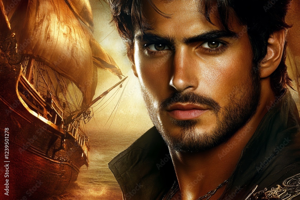 Poster man with a beard and a beard is looking at the camera, ship captain