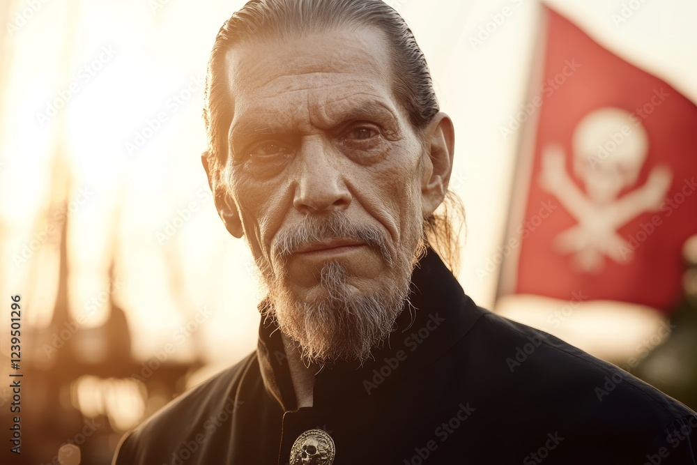 Poster man with a beard and mustache stands in front of a red skull flag, ship captain