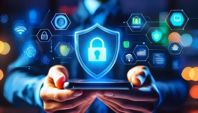 Cybers&eacute;curit&eacute;, verrou et bouclier apparaissant au dessus d'un t&eacute;l&eacute;phone smartphone entre les mains d'un homme