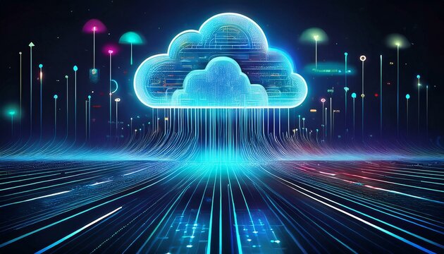 Cloud computing futuriste et flux de donn&eacute;es num&eacute;riques interconnect&eacute;s.