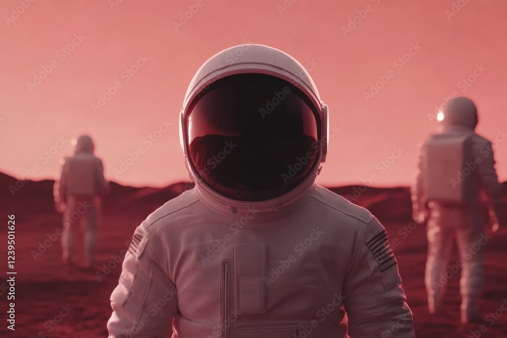 Poster man in a white spacesuit stands in front of two other men in spacesuits