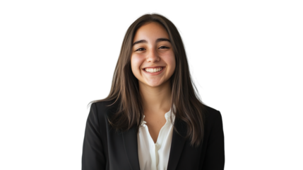 Isolated friendly smiling young adult female wearing professional attire,  for customer service and hospitality themes, transparent background