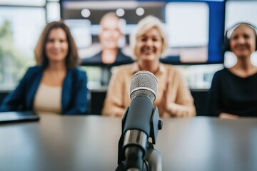 A diverse group of broadcasters participate in an inclusive discussion, focused on sharing ideas and experiences in a contemporary studio environment