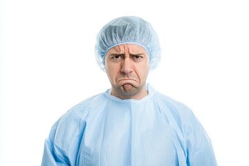 Frustrated male surgeon in blue attire with displeased expression