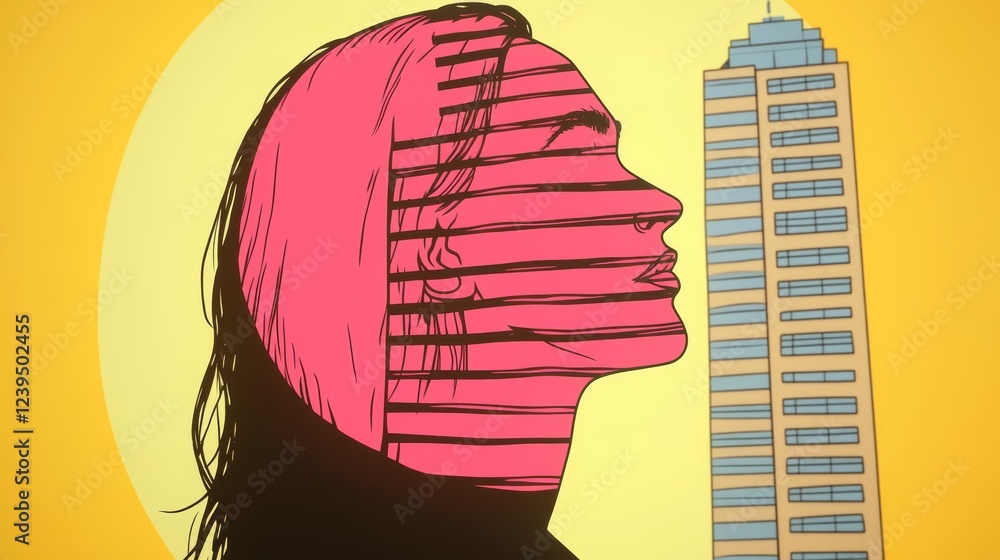 Wall mural Abstract illustration of a woman's profile, overlaid with pink stripes, against a yellow background with a tall building.