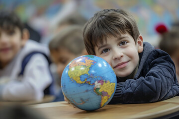 Smiling Young Boy Holding a Globe in a Classroom, Symbolizing Global Awareness, Unity, and Education on World Thinking Day, Promoting Cultural Understanding and Friendship