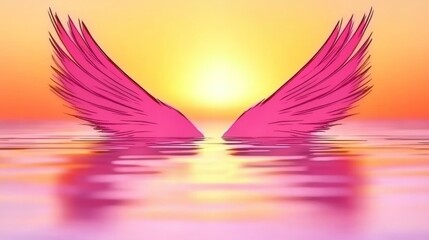 Pink wings rest on calm water at sunset. Peaceful and serene, the image evokes feelings of hope and freedom.