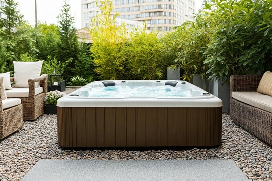 A modern backyard features a luxurious jacuzzi surrounded by lush greenery, creating a tranquil space for relaxation and wellness