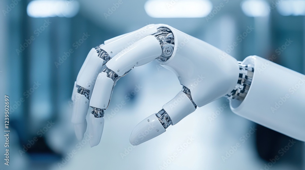 Poster robotic hand close-up on modern technology background with industrial design elements and digital in