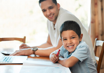 Obraz premium Portrait, drawing and child with dad, home and happy with crayon for talent, man or education for son. Learning, art and skills for kid with father, family or student with smile for homework in house