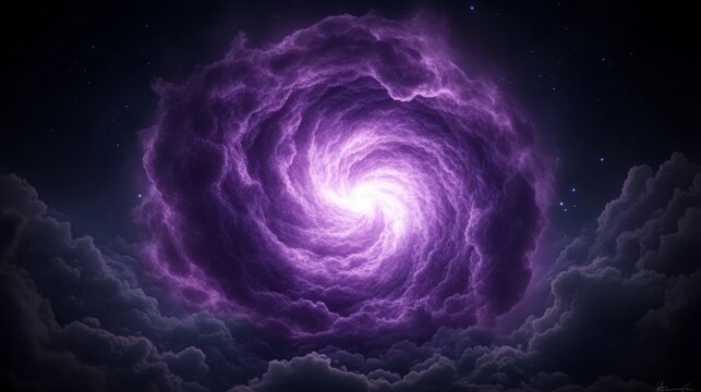 A swirling vortex of purple clouds illuminates the night sky, creating a mesmerizing cosmic scene.