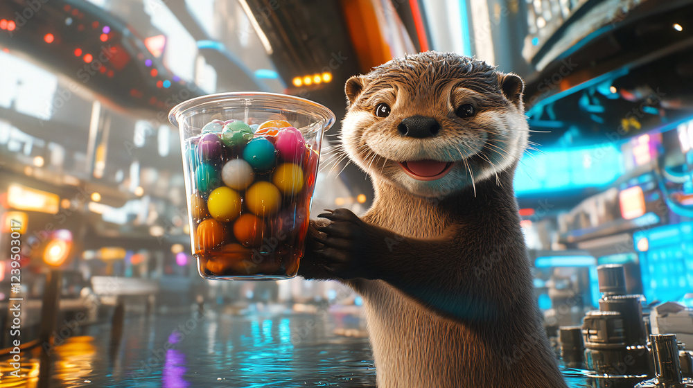 Poster smiling otter extending a cup of layered bubble tea with colorful pearls on a futuristic cityscape b
