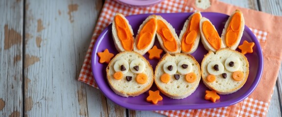 Obraz premium Three delightful bunny-shaped sandwiches are artfully arranged on a purple plate, showcasing a playful and colorful presentation. Each sandwich features a charming face made from banana slices