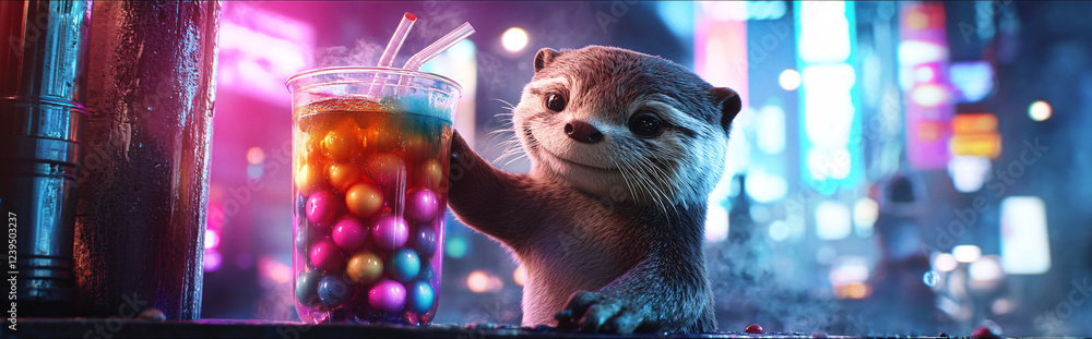 Poster smiling otter extending a cup of layered bubble tea with colorful pearls on a futuristic cityscape b