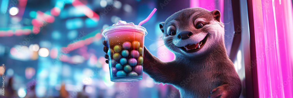 Poster Smiling otter extending a cup of layered bubble tea with colorful pearls on a futuristic cityscape backdrop