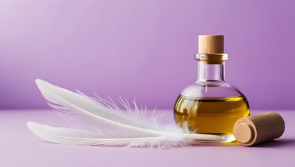 dreamy lavender inspired background with gentle feathers and glass aroma bottle for holistic and wellness applications