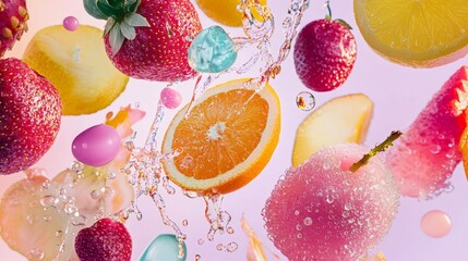 Floating fruits in a refreshing water splash