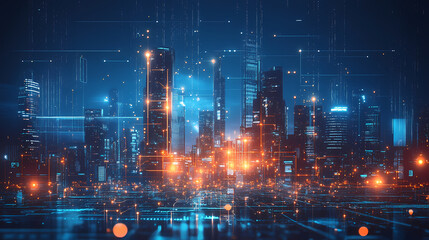 Naklejka premium Futuristic cityscape with intricate structures and a glowing atmosphere, ideal for technology and sci-fi themes. Sci-Fi Influence. Illustration