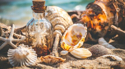 Seaside still life with seashells and antique bottles