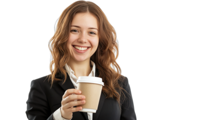 Isolated friendly smiling young adult female wearing professional attire,  for customer service and hospitality themes, transparent background