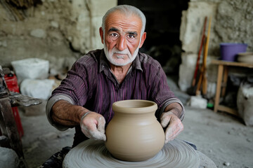 An old man is sitting in a room and holding a clay pot