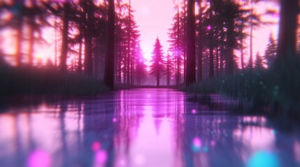 Magical pink sunset reflecting on a calm river flowing through a serene forest. Dreamy, ethereal atmosphere.