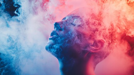 Surreal portrait of a person surrounded by colored smoke