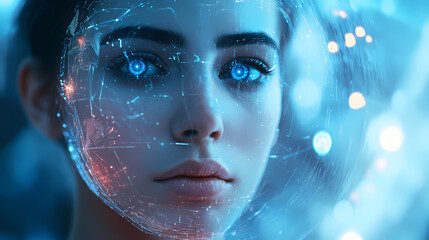 Futuristic female portrait with cosmic elements and tech influence. Sci-Fi Influence. Illustration