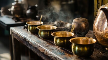 Rustic table with brass bowls and antique teapots