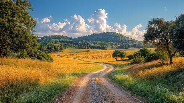 A tranquil rural landscape unfolds with a winding dirt road leading through golden fields. Lush green hills rise in the backdrop beneath a bright blue sky dotted with soft clouds