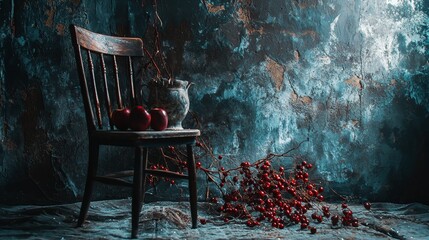 Moody still life with wooden chair and scattered berries