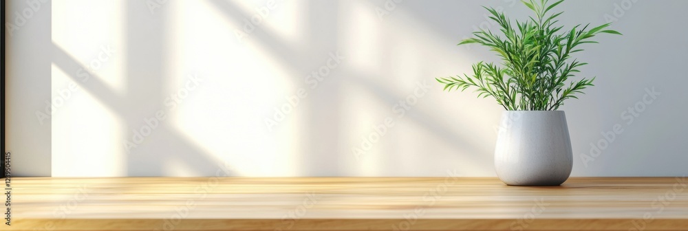 Poster sunlit indoor plant on wooden table with shadows creating a serene atmosphere in a simple modern set