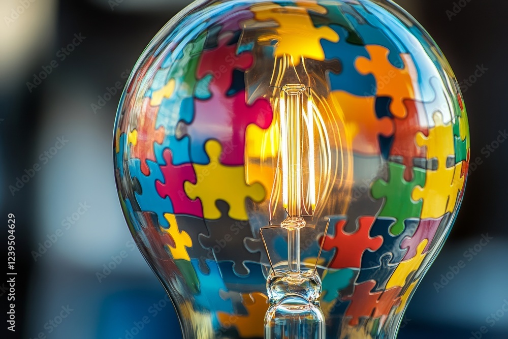 Poster a close-up view of a glass light bulb captures an array of colorful puzzle piece reflections. the in