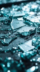 Shattered glass fragments reflecting light in unique patterns