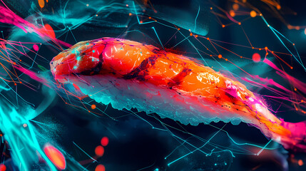 Pulsating neon networked geometry futuristic digital connection and interaction visualizations with vibrant glowing shapes fluid lines and cyberpunk inspired aesthetics. Sci-Fi Influence. Illustration