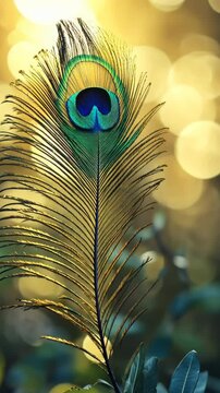 Vibrant peacock feather illuminated by soft golden light in a natural setting