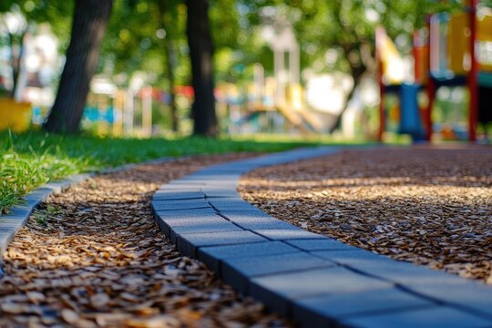 The edge of the rubber playground and sidewalk Entrance to the sports and play area Blurry view of the yard