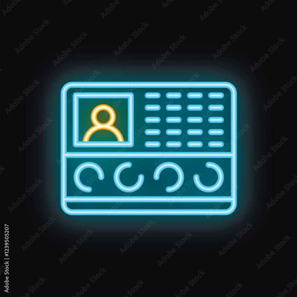 Poster blue and yellow neon icon of an intercom system showing a tenant calling