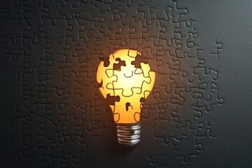 Colorful puzzle pieces form an illuminated light bulb shape against a dark background, showcasing creativity and the concept of ideas coming together. The overhead view highlights the glowing effect