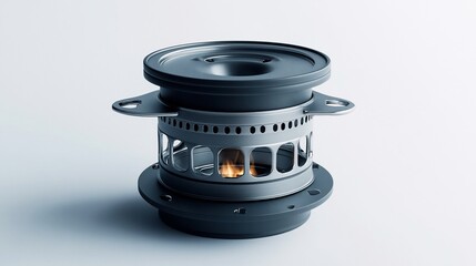 Small metal stove with fire on white backdrop for cooking or camping use