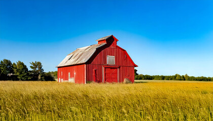 Obraz premium Idyllic red barn in a golden wheat field under a vibrant blue sky. Perfect for rustic, agricultural, or nostalgic projects. Evokes feelings of tranquility and rural charm.