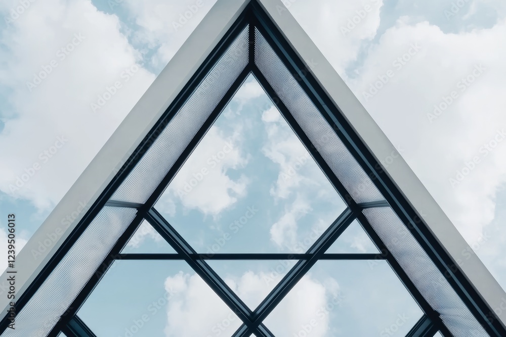 Poster building with a triangular roof and a cloudy sky in the background
